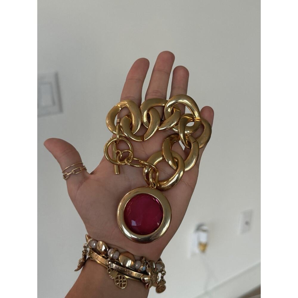 Vintage Chunky Gold and Pink Lucite Pendant Statement Bracelet Juicy Couture